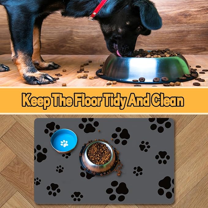 Pet Feeding Mat-Cat Dog Mat for Food and Water Bowl, Absorbent Quick Dry Food Mat Anti-Slip No Stains Dog Placemat with Footprints for Messy Drinkers,12"x20"Dark Grey