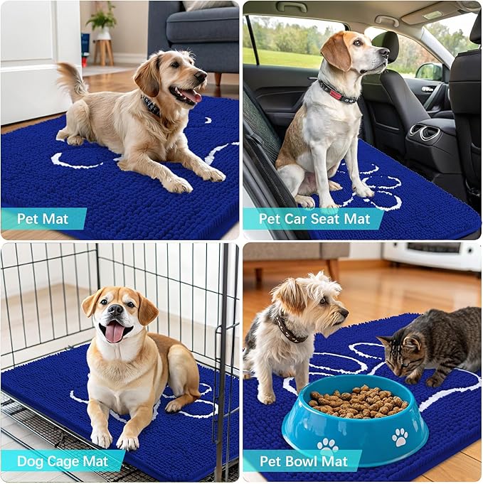 OLANLY Dog Door Mat for Muddy Paws 36x24, Paw Print Design, Absorbs Moisture and Dirt, Non-Slip Washable Doormat, Quick Dry Chenille Mud Mat for Dogs, Entry Indoor Entryway Carpet, Royal Blue