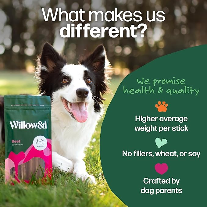 Willow & I Bully Sticks for Dogs -6 Inch Natural Bully Sticks for Medium Dogs, Small & Large- Premium 100% Grass Fed, Single Ingredient, Long Lasting, High Protein-Grain & Rawhide Free (6", 14 Pack)