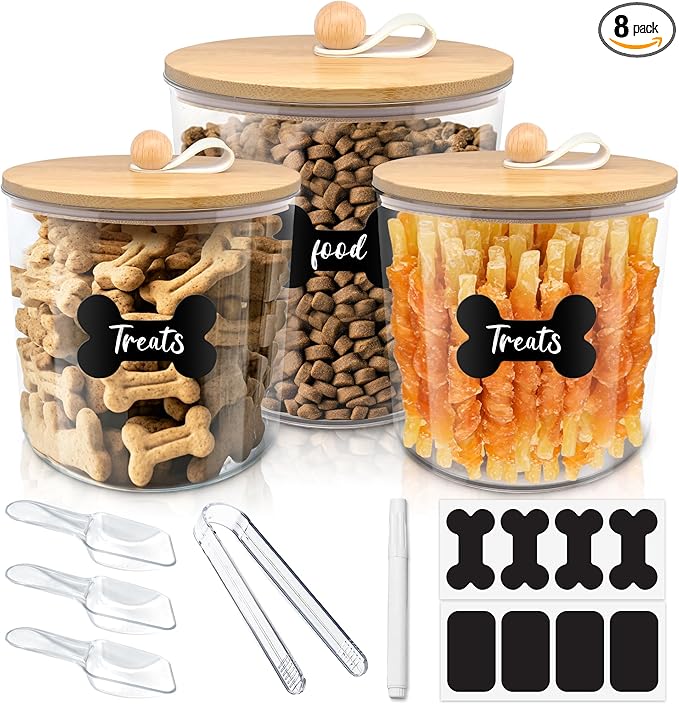 3 Pack Airtight Dog Food Storage Container, Dog Treat Container Dog Food Containers with Bamboo Lids 8x7''&6x5'',Pet Food Storage Container,Cat Food Container with Scoops,Clamp,Labels,Pen