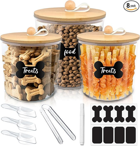 3 Pack Airtight Dog Food Storage Container, Dog Treat Container Dog Food Containers with Bamboo Lids 8x7''&6x5'',Pet Food Storage Container,Cat Food Container with Scoops,Clamp,Labels,Pen