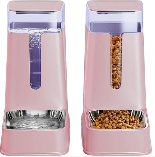 Cat Food Dispenser and Cat Water Dispenser Set with Stainless Steel Bowls Gravity Dog Feeder for Small Medium Big Cat Dog Pet Puppy Kitten, 1 Gallon x 2