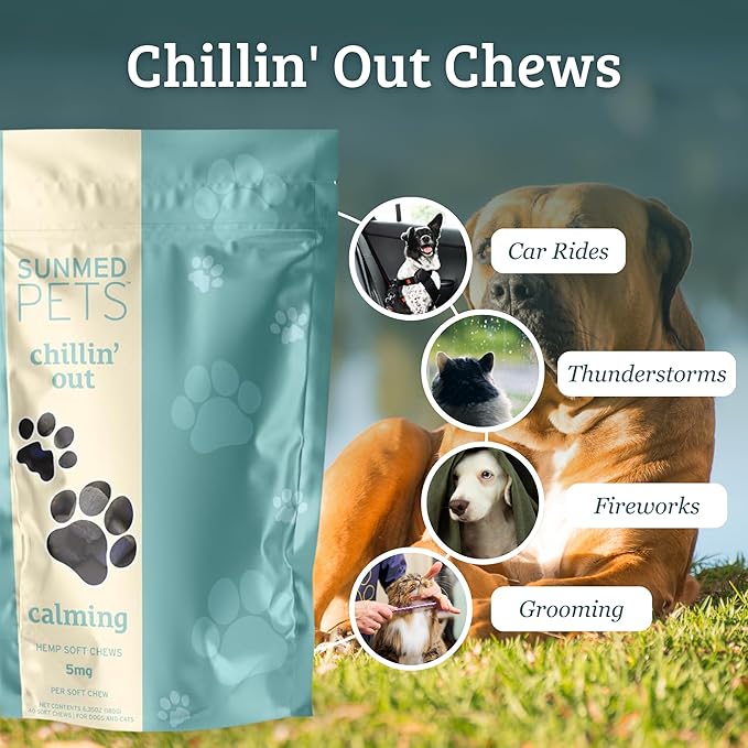 Sunmed Chillin' Out Hemp Dog Chews with Chamomile & L-Tryptophan – Stress Relief, Calming & Relaxation for Dogs – Helps with Anxiety & Stressful Situations – 40 Count