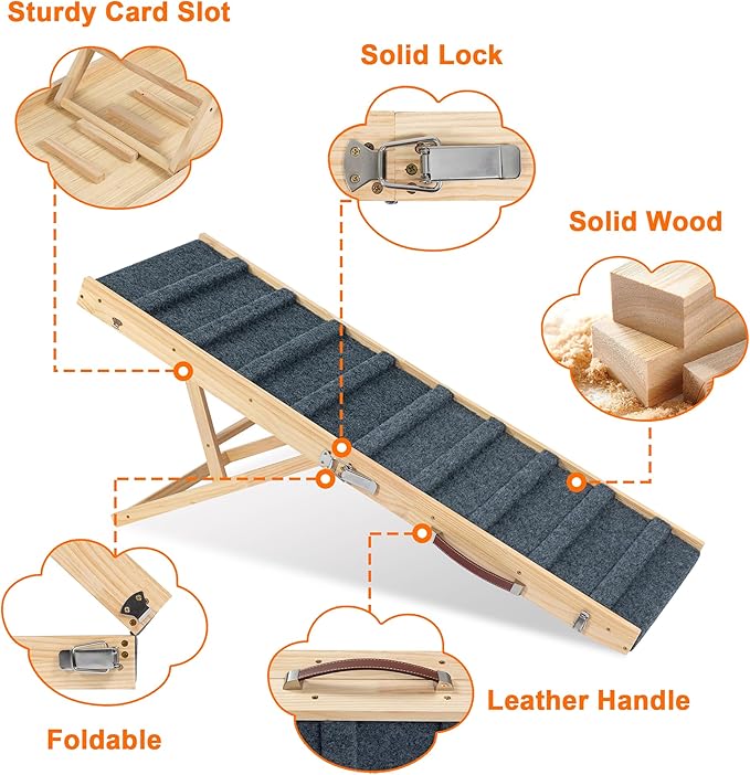 Clikuutory 2025 Upgraded Dog Ramp for Couch, 63" Foldable Small Dog Ramp for Bed, 5 Adjustable Height from 16" to 34", Portable Stable Pet Steps with Anti-Slip Carpet for Low Bed Couch Stairs, Wood