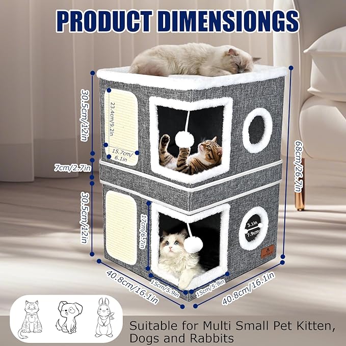 2-Story Cat House for Indoor Cats, Dual-Purpose Cave Bed with Scratch Pad and Fluffy Ball, Foldable Cat Hideaway, Cute Condo Furniture for Multi Small Pet Kitten, Grey