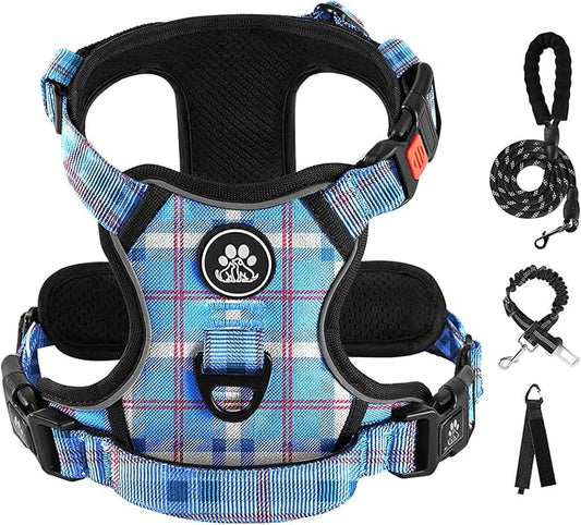 IVY&LANE No Pull Dog Harness with Leash Set, Reflective No Choke Pet Vest,Adjustable Oxford Dog Vest Harness with Easy Control Handle for Medium Lagre Dogs (Checkered Blue,M)