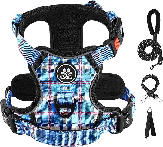 IVY&LANE No Pull Dog Harness with Leash Set, Reflective No Choke Pet Vest,Adjustable Oxford Dog Vest Harness with Easy Control Handle for Large Dogs (Checkered Blue,XL)