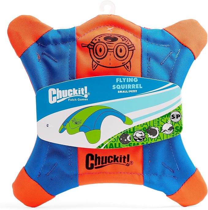 Chuckit! Flying Squirrel Fetch Dog Toy - Water Floating Flyer - Soft and Durable Polyester Canvas Construction - For Small Dogs - Size Small - 8.25-inch Diameter - Pack of 1 - Orange and Blue