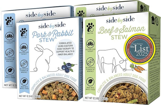 Side by Side Pork & Rabbit | Beef & Salmon Stew - Wet Dog Food & Dog Food Topper for All Breeds - Made with Nutrients & Whole Raw Ingredients - No Artificial Additives or Fillers (12.5 oz, 4-Pack)