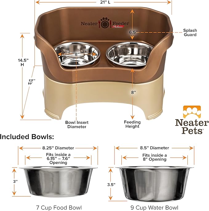 Neater Pet Brands Neater Feeder Deluxe Mess Proof Dog Bowls Elevated for Large Dogs Over 40 lbs, Made in USA, No Spill Raised Dog Food Bowl Stand Feeding Station, Food and Water Bowl Set, Bronze