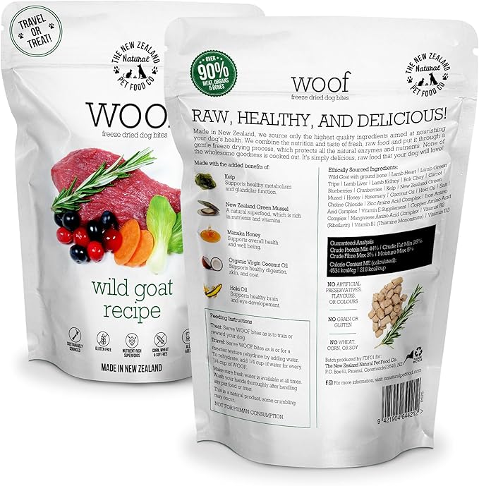 The New Zealand Natural Pet Food Co Woof Freeze Dried Dog Food - Wild Goat Recipe, High Protein, Complete Diet, Dog Treats, All Life Stages - 1.76 oz