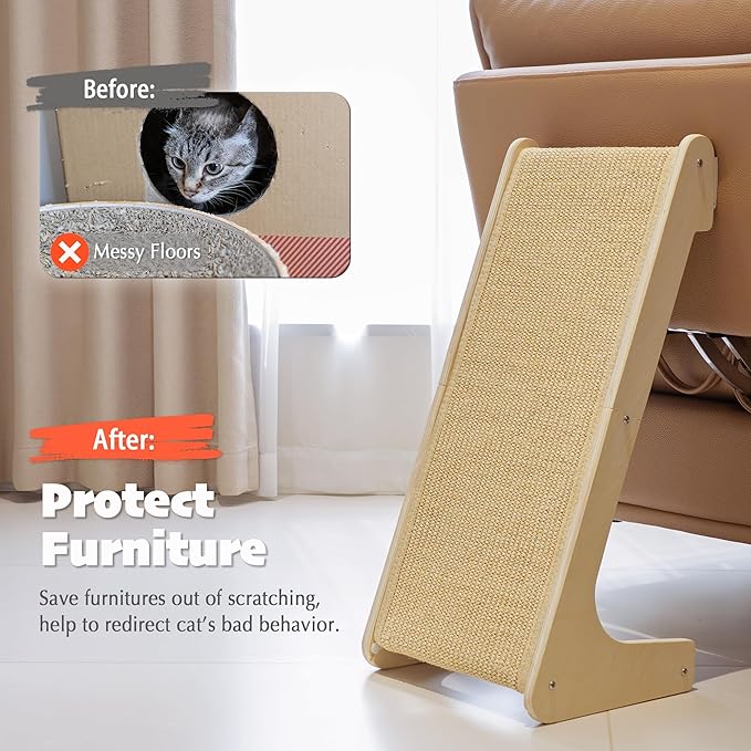 PETKARAY L Shape Cat Scratcher, Sisal Kitty Scratching Ramp, Vertical Scratch Pad for Indoor Cats, 25.2" Furniture Protector with Catnip, Classic