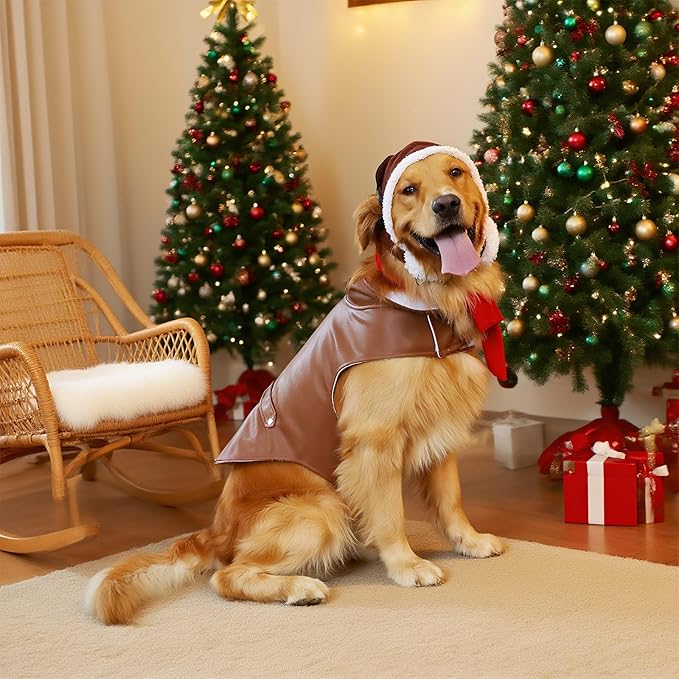 3 Pcs Dog Pilot Costume Set Halloween Dog Costume Aviator Pet Leather Jacket, Pilot's Hat with Goggles and Scarf Set Funny Cosplay Outfit for Extra Large Pet