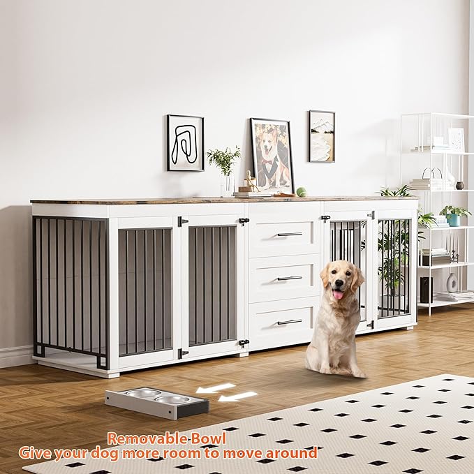 Rophefx 94.5" Dog Crate Furniture for 2 Dogs, Large Dog Kennel Furniture with 3 Storage Drawer, Wooden Dog Cage with 4 Bowls, Indoor Dog House TV Stand with Locks for Large Medium Dog, White Brown