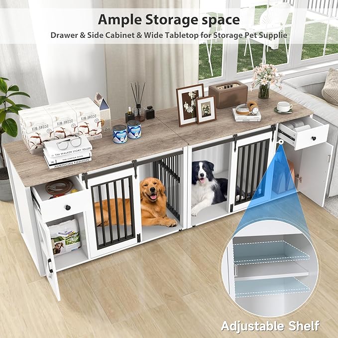 Verano Garden 88" Large Dog Crate, 2-in-1 Furniture-Style Dog Crate with Storage Drawer & Cabinet, Heavy Duty Dog Kennel Dog Cage Indoor for Small Medium Dogs, White (88.2")