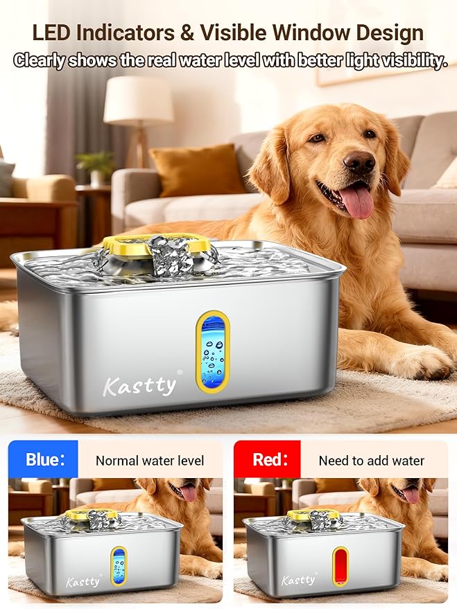 Kastty 15L/3.96 Gal Stainless Steel Dog Water Fountain, Large Capacity Dog Water Bowl Dispenser Quiet LED Light Triple Filtration Cat Water Fountain,Pet Water Fountain Easy Clean Yellow FS78