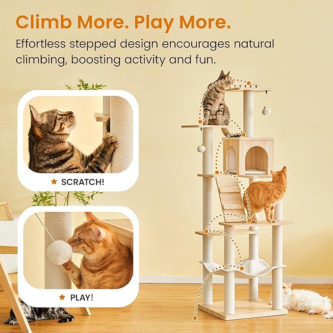 Modern Cat Tree - 64 inch Cat Tower for Indoor Cats, Multi-Level Cat Condo with 7 Fully Wrapped Scratching Posts, 2 Perches, Hammock, Removable Pad & Dangling Balls-Light Brown