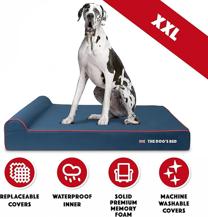 The Dog’s Bed Orthopedic Headrest Dog Bed XXL Blue Oxford with Red Trim UK Flag Dog Bed, Memory Foam, Hip & Elbow Dysplasia, Post Surgery, Waterproof Washable Cover