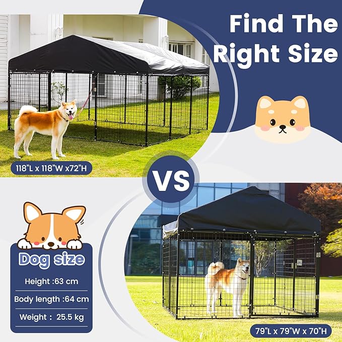 Large Outdoor Dog Enclosure,Heavy Duty Dog Cage with Roof,Galvanized Steel Dog Kennel Fence with Double Safety Locks(79”W x 79”D)