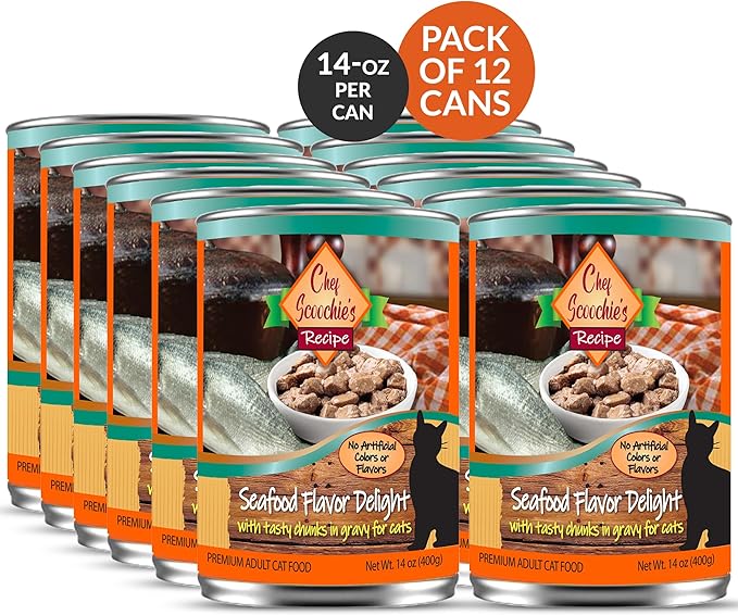 Scoochie Pet Products Chef Scoochie's Tender Seafood Chunks in Gravy Wet Cat Food - Easy Open Pop-Top Cans - Protein & Essential Nutrients - Gourmet Meal for Indoor & Outdoor Cats 12 Cans (14 oz e.)