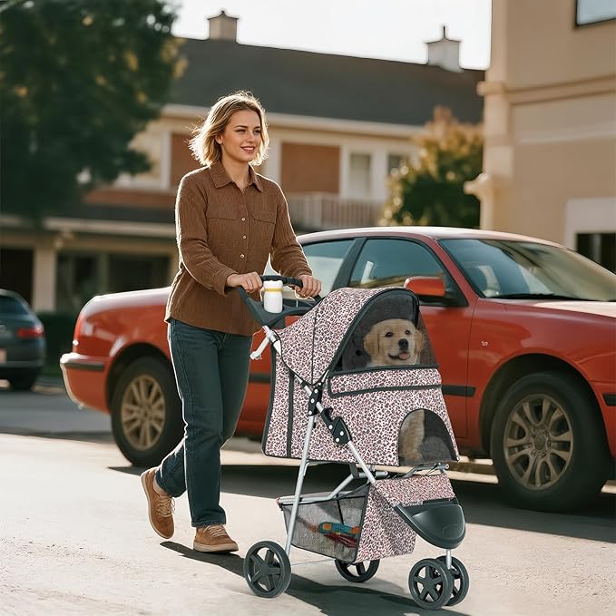 Cat Dog Stroller,3-Wheels Pet Stroller for Medium/Puppy Dogs 30 Lbs, with Storage Basket and Cup Holder, Breathable Mesh Leopard Print
