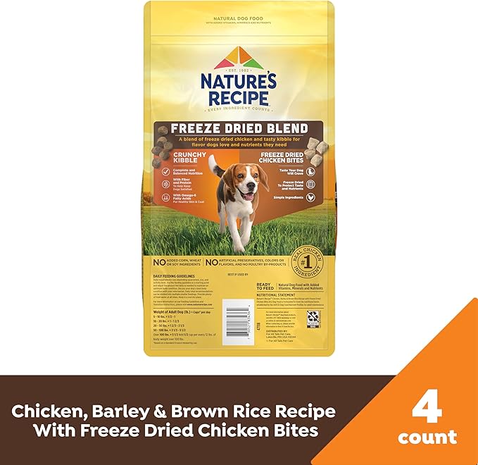 Nature's Recipe Chicken, Barley & Brown Rice Recipe Dry Dog Food with Freeze Dried Chicken Bites 3.5 lb Bag (Pack of 4)