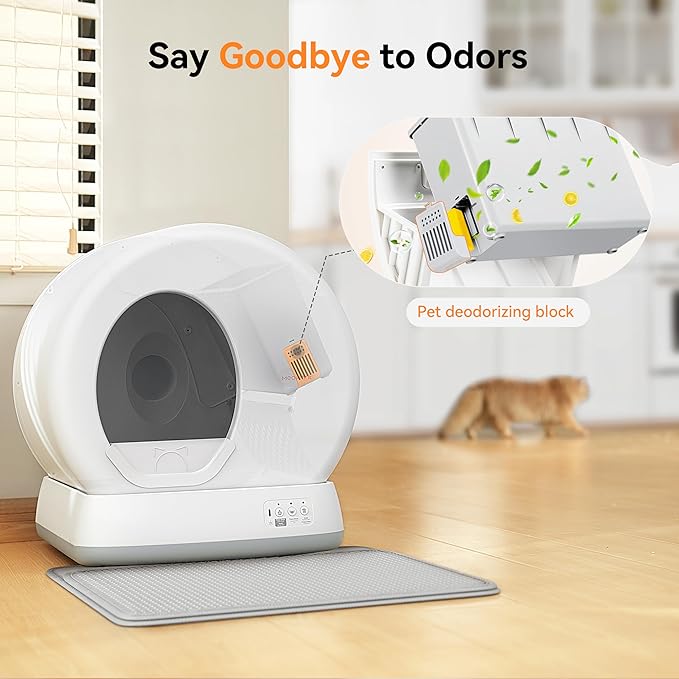 MeoWant Self Cleaning Cat Litter Box, Automatic Cat Litter Box with Integrated Safety Sensors, APP Control, Odor-Free, Large Capacity for Multi Cats with Mat & Liner