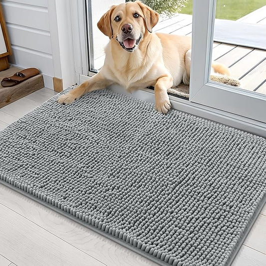 OLANLY Dog Door Mat for Muddy Paws 36x24, Absorbs Moisture and Dirt, Absorbent Non-Slip Washable Doormat, Quick Dry Chenille Mud Mat for Dogs, Entry Indoor Entryway Carpet for Inside Floor, Grey