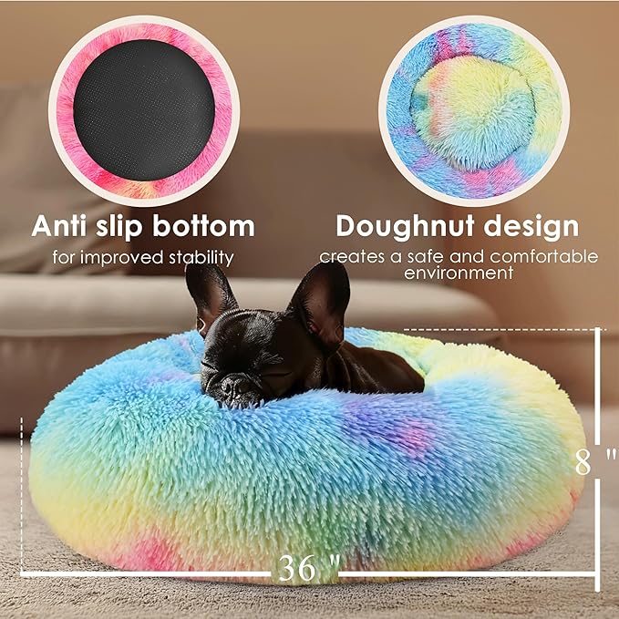 Extra Large Dog Beds, 36 Inch Human Dog Anxiety Relief Squishmallow Comfort Bed, Indestructible & Chew Proof Pet Beds (Rainbow)