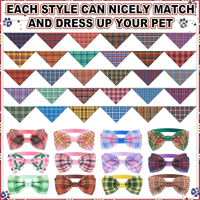 108 Pcs Christmas Adjustable Dog Bandanas Bulks Plaid Striped Bow Ties for Dogs Autumn Buffalo Bowknot Reversible Triangle Scarf Kerchief for Small Large Medium Pet Grooming Outfit Costume