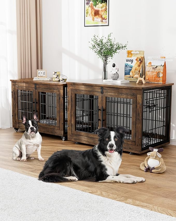 Dog Crate Furniture with Cushion, Wooden Dog Kennel Indoor with Double Doors, Dog Cage with Wheels, Dog House Side End Table for Small Medium Dogs up to 45 lb, 32.5” L, Rustic Brown