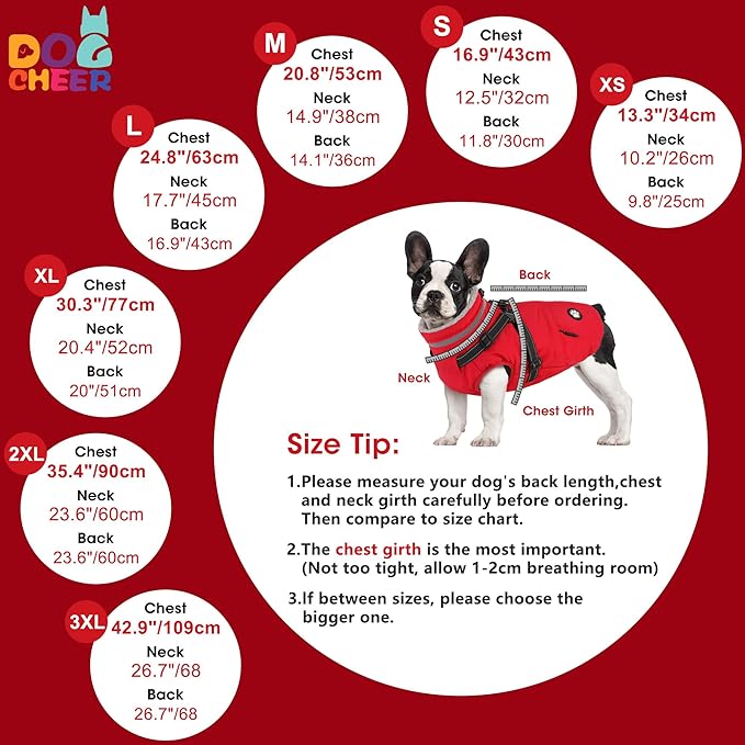 Dogcheer Dog Coat with Harness, Waterproof Dog Jacket, Christmas Puppy Winter Coat with Pocket, Reflective Doggy Turtleneck Puffer Vest for Small Medium Large Dogs - Red, S