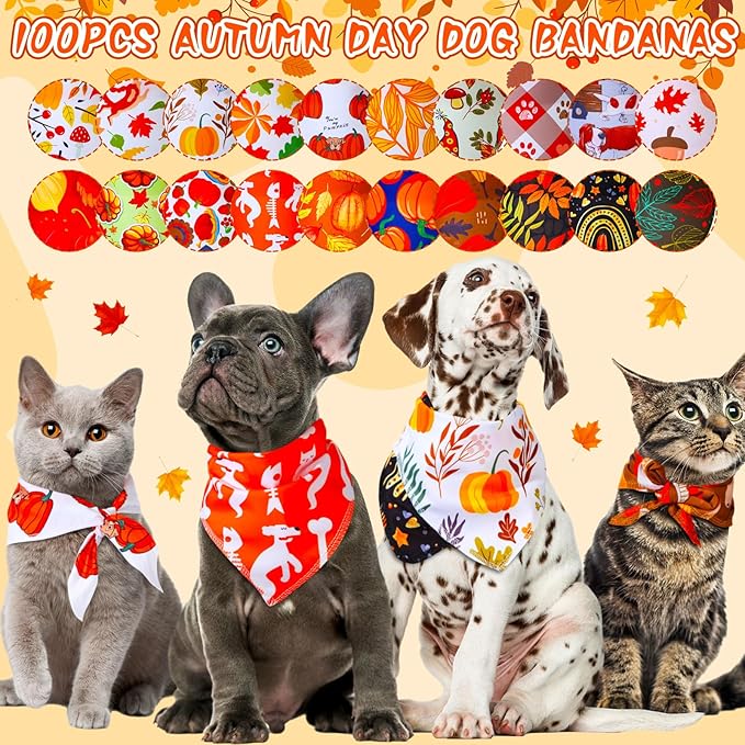 100 Pcs Fall Dog Bandanas Bulk Autumn Thanksgiving Day Dog Bandanas Adjustable Pumpkin Maple Leaves Pattern Pet Bibs Triangle Fall Thanksgiving Scarf Costume for Small Medium Pet Puppy