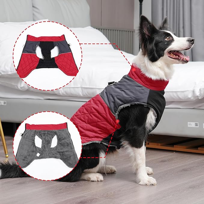 Warm Fleece Dog Coats for Large Dogs,D-Rings Waterproof Puppy Jacket for Cold Winter,Red XXXL