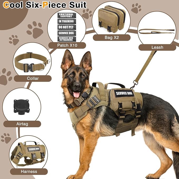 WINSEE Tactical Dog Harness with Dog Leash, Dog Collar, Service Working MOLLE Vest with 10 Pet Patches for Large Dog, No Pull Military Harness and Backpack with Airtag Holdler