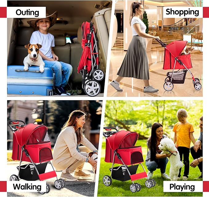 Pet Stroller, 4 Wheels Pet Strolling Cart for Medium/Small Dogs and Cats, Foldable Cat Jogger/Dog Stroller with Cup Holder, Storage Basket, Breathable Mesh, All-Season Pet Carrier, Red