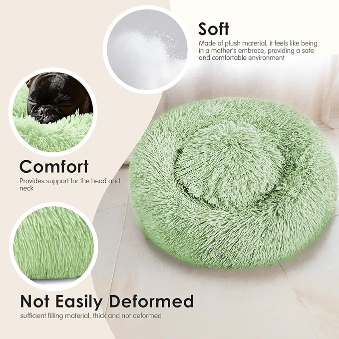 28in Large Dog Bed, Medium Size Dog and Cats, Calming Donut Bed for Puppy and Kitten, Washable Round Fluffy Pet Bed (Green)