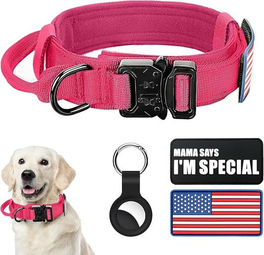 Tactical Military Collar - Adjustable Nylon, Heavy Duty Metal Buckle with Handle for Dog Training, with Patches (Pink, L)