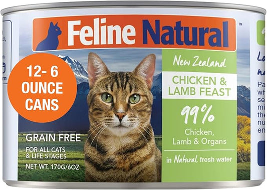 Feline Natural New Zealand Canned Catfood Wet Food, High-Meat, Low-Carb, & Grain Free Cat Food Wet, Chicken and Lamb Feast, 6 oz, Pack of 12