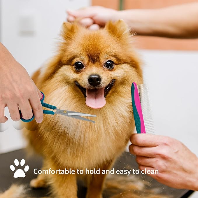 Pet Grooming Scissors Kit, Dog Grooming Shears with Stainless Steel Rounded Tip Blades for Safe Fur Trimming for Dog, Cat, Includes Pet Comb (Set of 3)