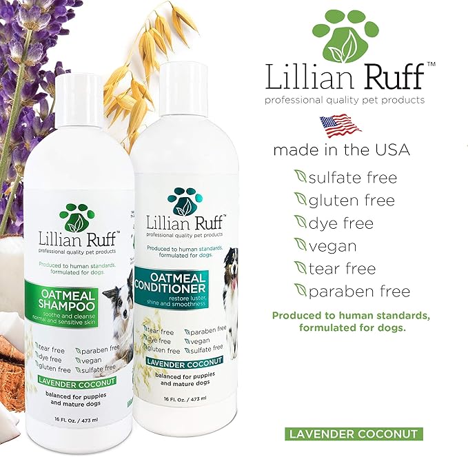 Lillian Ruff PRO Formula Deodorizing Oatmeal Dog Shampoo & Conditioner Set - Calm Itching & Allergies, Ultra-Nourishing Dry Skin Relief - Oatmeal, Aloe, Coconut Oil, Lavender & Provitamin B5, USA Made