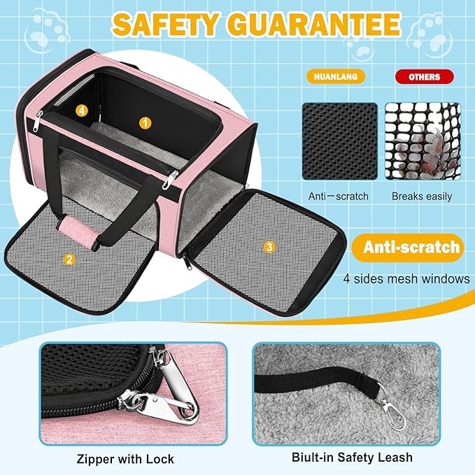 HUANLANG Soft-Sided Cat Carrier Airline Approved,Dog Carriers for Small Dogs Medium Cats,Pet Travel Carrier Up to 20 Lbs,Collapsible Cat Bag
