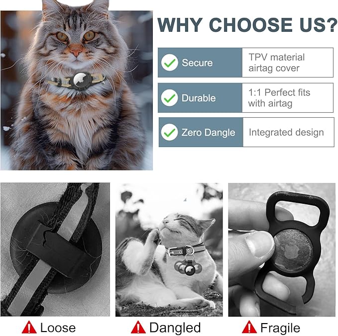 Reflective AirTag Cat Collar, Integrated Cat Tracker Collar with Air Tag Holder and Bell, Safety Elastic Band Cat GPS Collars for Girl Boy Cats, Kittens and Puppies (Khaki,XS)