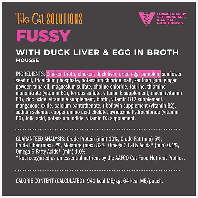 Tiki Cat Solutions Mousse Multipack Wet Cat Food, Fussy, Duck Liver & Egg, 2.4 oz. Pouch (12 Count)