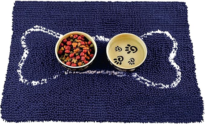 Soggy Doggy Slopmat - Water Absorbing Door Mat for Food and Water - Microfiber Chenille Rug for Muddy Paws and Messy Eaters - Machine Washable (Navy Blue/Oatmeal Bone, 18” x 24″)