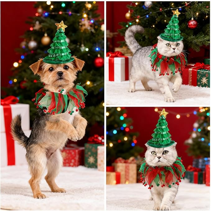 Cat Christmas Costume with Tutu Collar & Green Shiny Hat - Festive Outfit for Cats, Small Dogs, Holiday Party Dress Up for Thanksgiving, Christmas, Birthday Photos