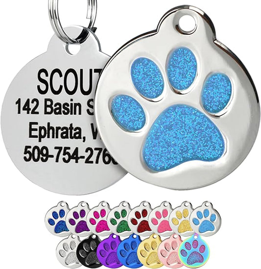 GoTags Paw Print Round Stainless Steel Pet Tag for Dogs and Cats, Personalized with 4 Lines of Custom Engraved ID Name and Number, in Stainless Steel and 15 Colors Small and Large, Glitter Light Blue