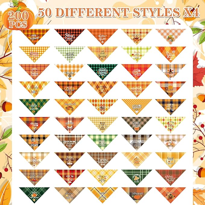 Preboun 200 Pcs Thanksgiving Dog Bandanas Bulk Dog Holiday Scarf Bibs Autumn Puppy Bandanas Adjustable Washable Kerchief Pet Costume Accessories Grooming Supplies for Small to Medium Cats