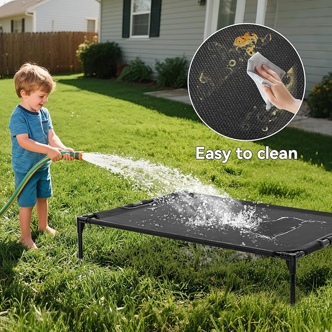 Petsfit Cooling Elevated Raised Dog Bed- Outdoor Pet Cot for Large Dogs, Upgraded Adjustable Firmness Pet Bed，Dog Hammock Bed with Durable Breathable Teslin Mesh，Non Slip, Black 48”