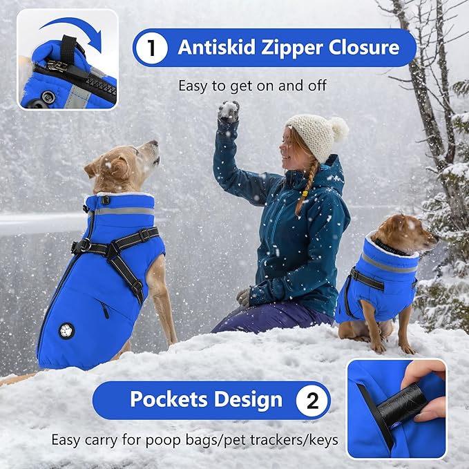 Dogcheer Dog Coat, Waterproof Dog Winter Jacket with Harness, Reflective Adjustable Doggy Cold Weather Coats, Christmas Pet Fleece Snowsuit for Small Medium Large Dogs - Blue, M